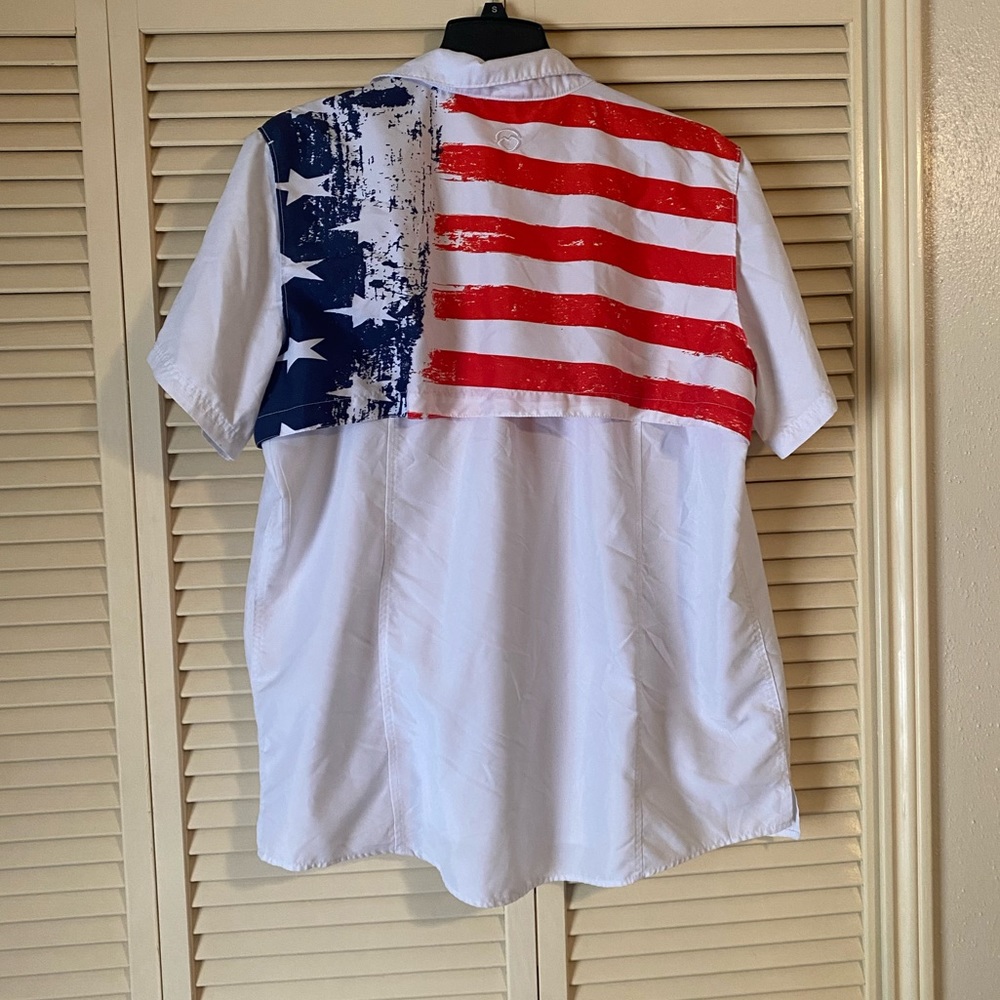 Magellan Outdoor American flag white polo